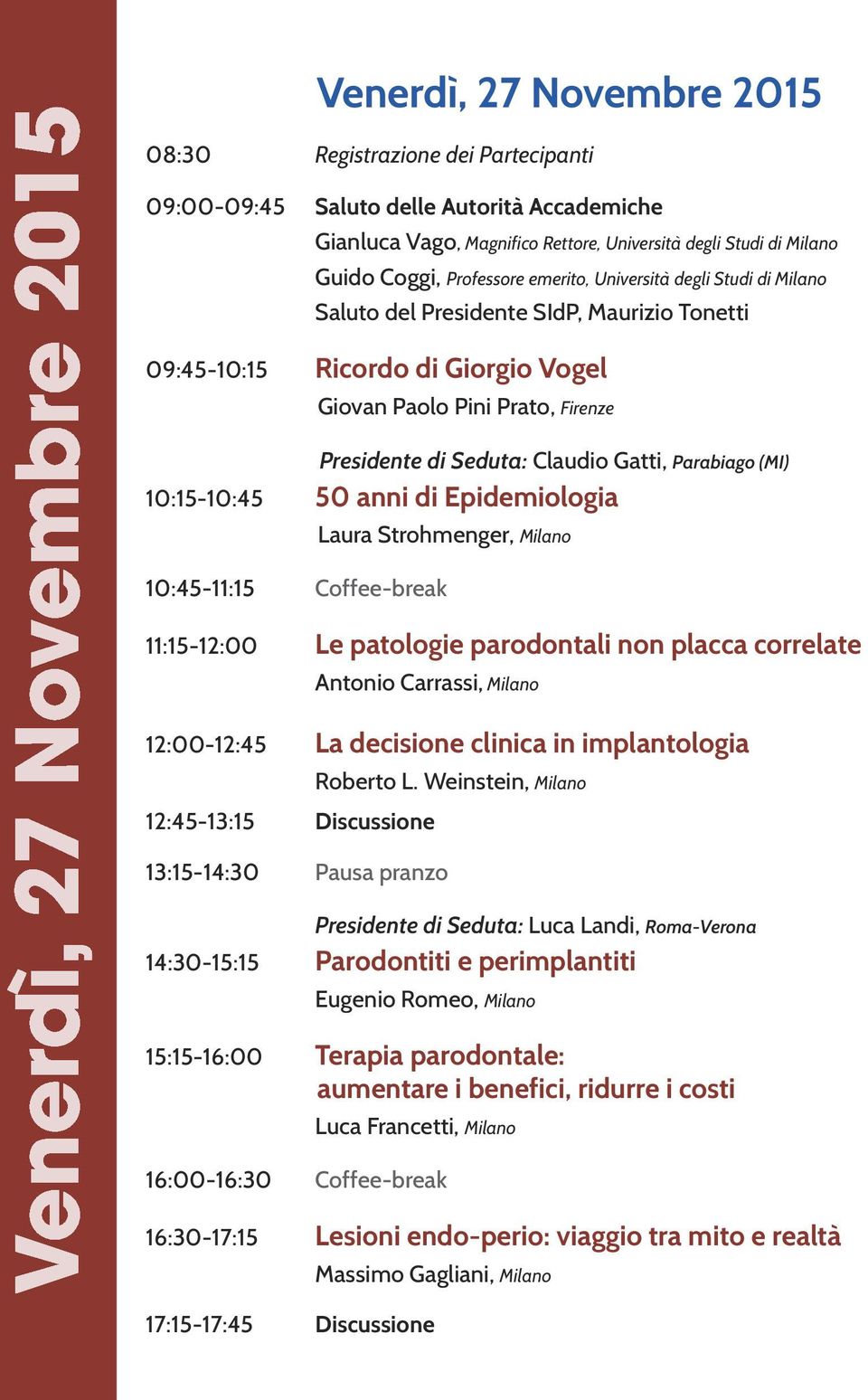 anni di Epidemiologia Laura Strohmenger, Milano 10:45-11:15 Coffee-break 11:15-12:00 Le patologie parodontali non placca correlate Antonio Carrassi, Milano 12:00-12:45 La decisione clinica in