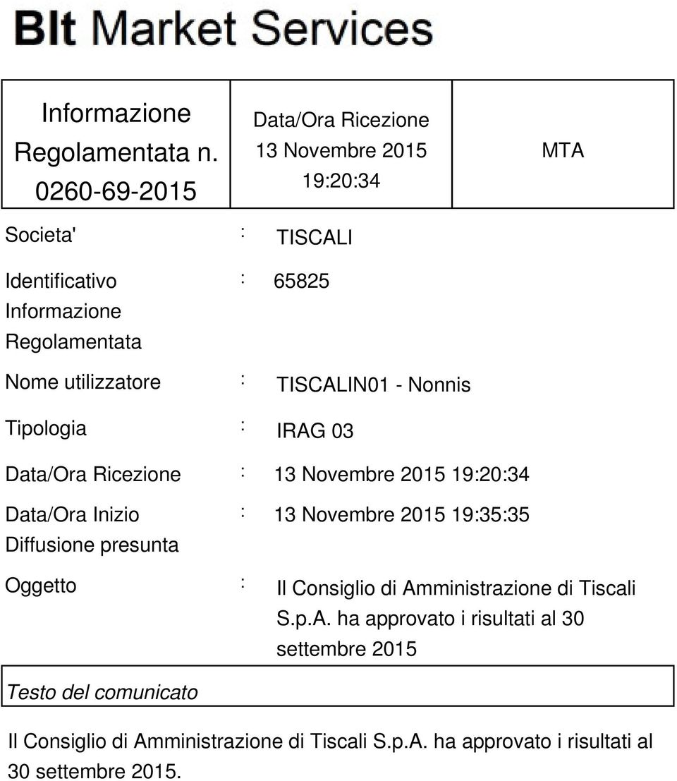 Nome utilizzatore : TISCALIN01 - Nonnis Tipologia : IRAG 03 Data/Ora Ricezione : 13 Novembre 2015 19:20:34 Data/Ora Inizio Diffusione