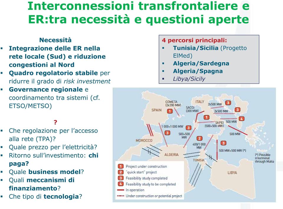 ETSO/METSO) 4 percorsi principali: Tunisia/Sicilia (Progetto ElMed) Algeria/Sardegna Algeria/Spagna Libya/Sicily?