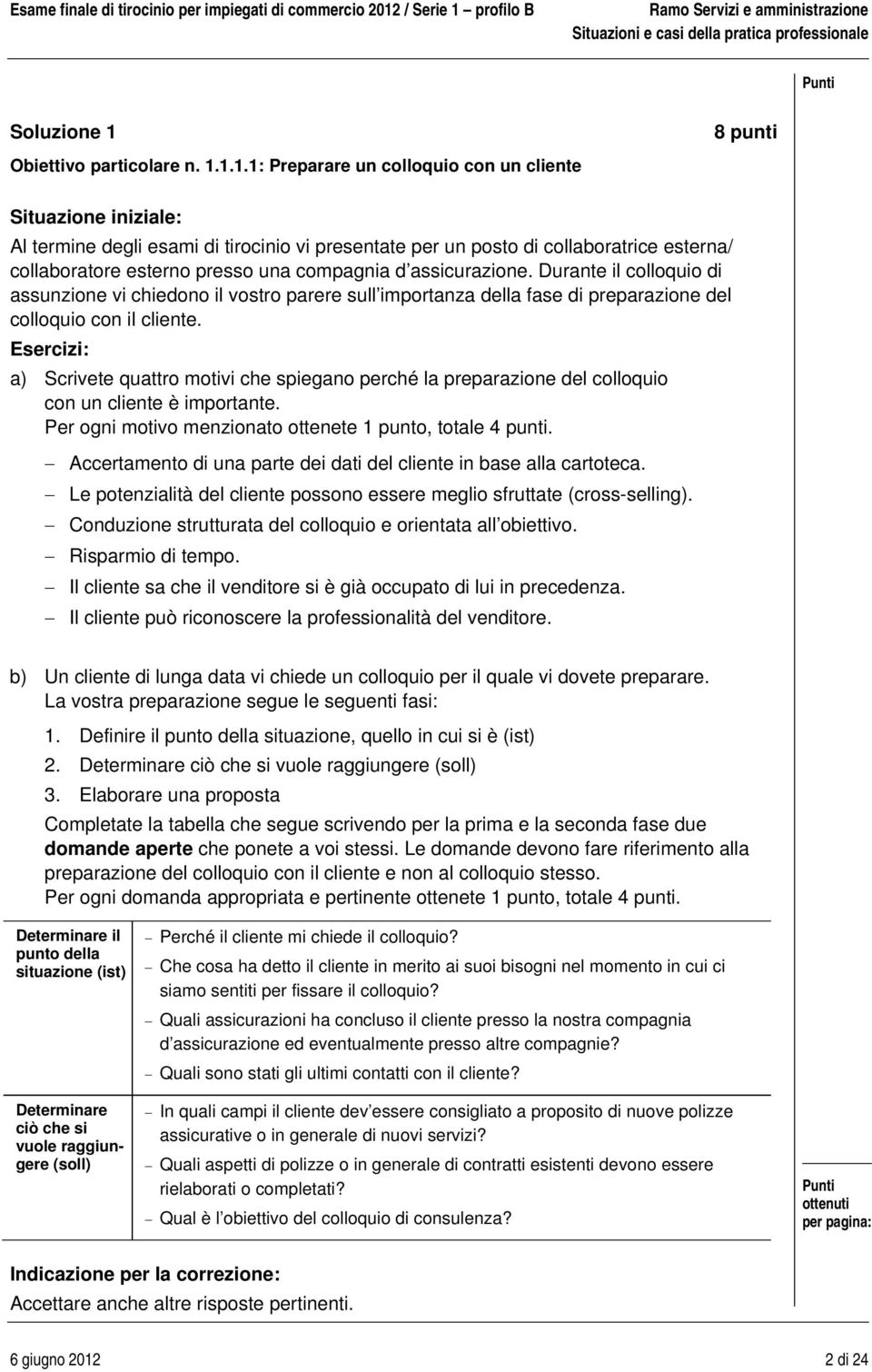 1.1.1: Preparare un colloquio con un cliente 8 punti Situazione iniziale: Al termine degli esami di tirocinio vi presentate per un posto di collaboratrice esterna/ collaboratore esterno presso una