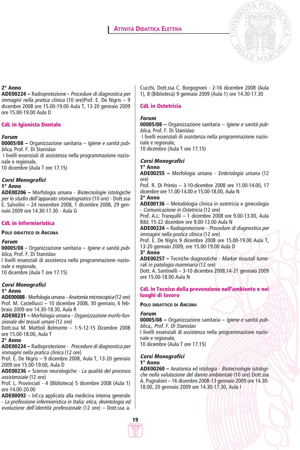 15) Corsi Monografici 1 Anno ADE00206 Morfologia umana - Biotecnologie istologiche per lo studio dell apparato stomatognatico (10 ore) - Dott.ssa E.