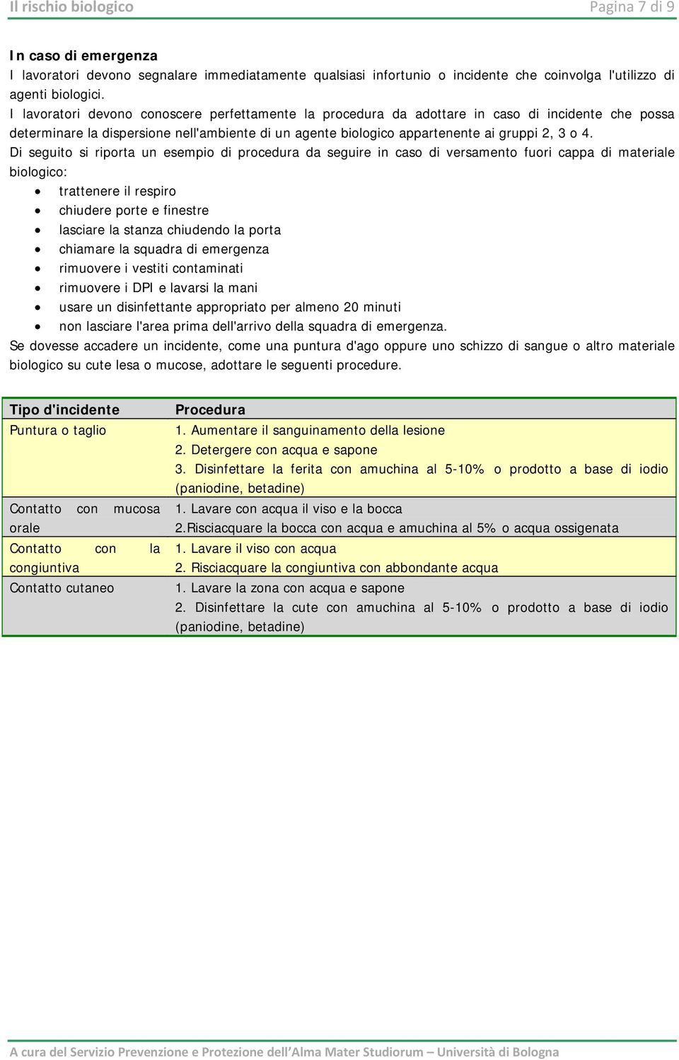 Di seguito si riporta un esempio di procedura da seguire in caso di versamento fuori cappa di materiale biologico: trattenere il respiro chiudere porte e finestre lasciare la stanza chiudendo la