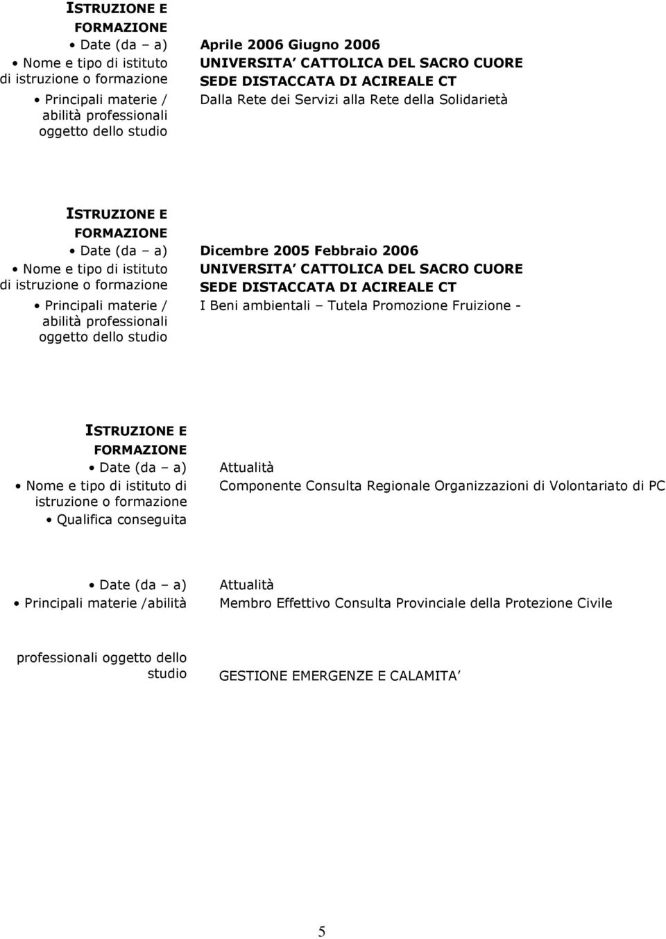 ACIREALE CT I Beni ambientali Tutela Promozione Fruizione - ISTRUZIONE E FORMAZIONE Nome e tipo di istituto di Qualifica conseguita Attualità Componente Consulta Regionale Organizzazioni