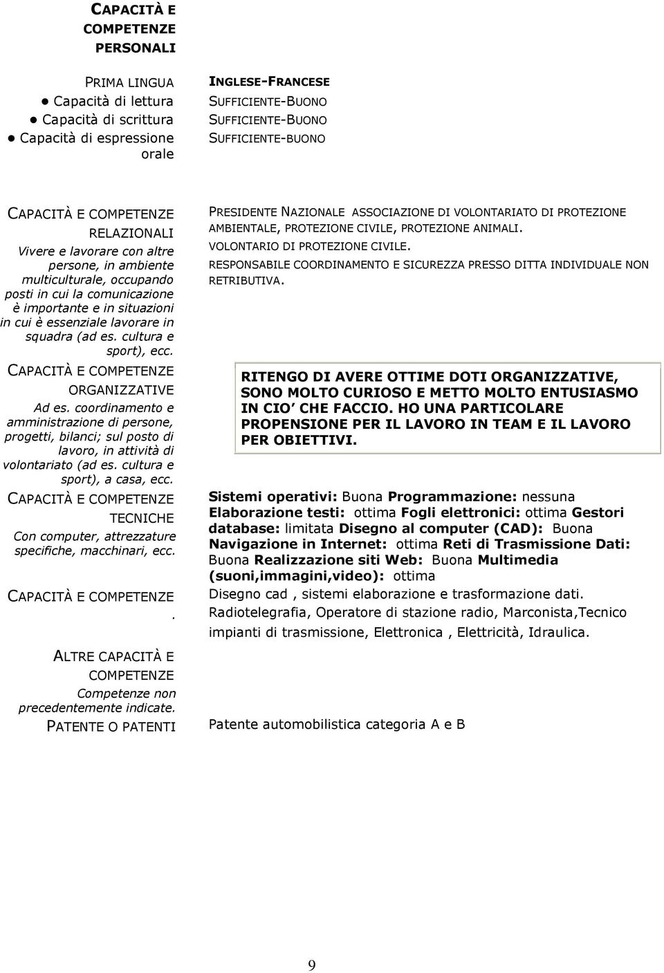 (ad es. cultura e sport), ecc. CAPACITÀ E COMPETENZE ORGANIZZATIVE Ad es. coordinamento e amministrazione di persone, progetti, bilanci; sul posto di lavoro, in attività di volontariato (ad es.