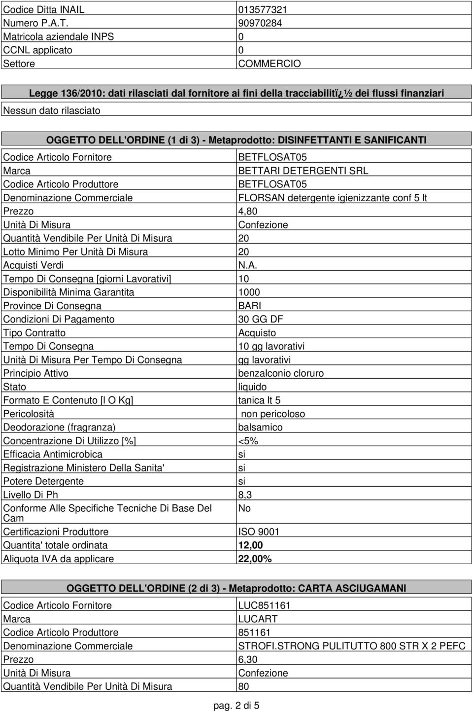 DELL'ORDINE (1 di 3) - Metaprodotto: DISINFETTANTI E SANIFICANTI BETFLOSAT05 BETTARI DETERGENTI SRL Codice Articolo Produttore BETFLOSAT05 FLORSAN detergente igienizzante conf 5 lt Prezzo 4,80