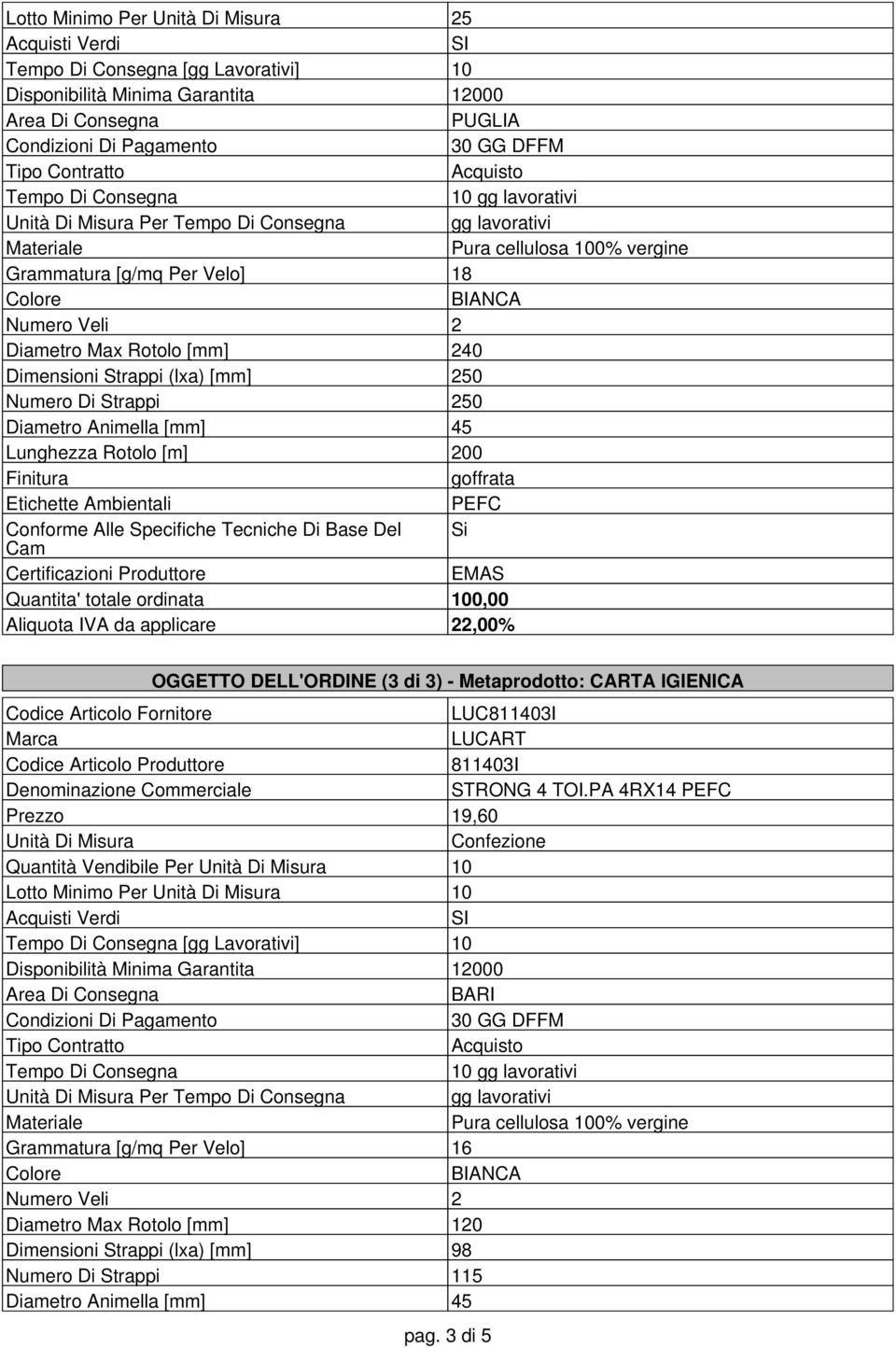 Conforme Alle Specifiche Tecniche Di Base Del Si Certificazioni Produttore EMAS Quantita' totale ordinata 100,00 OGGETTO DELL'ORDINE (3 di 3) - Metaprodotto: CARTA IGIENICA LUC811403I LUCART Codice