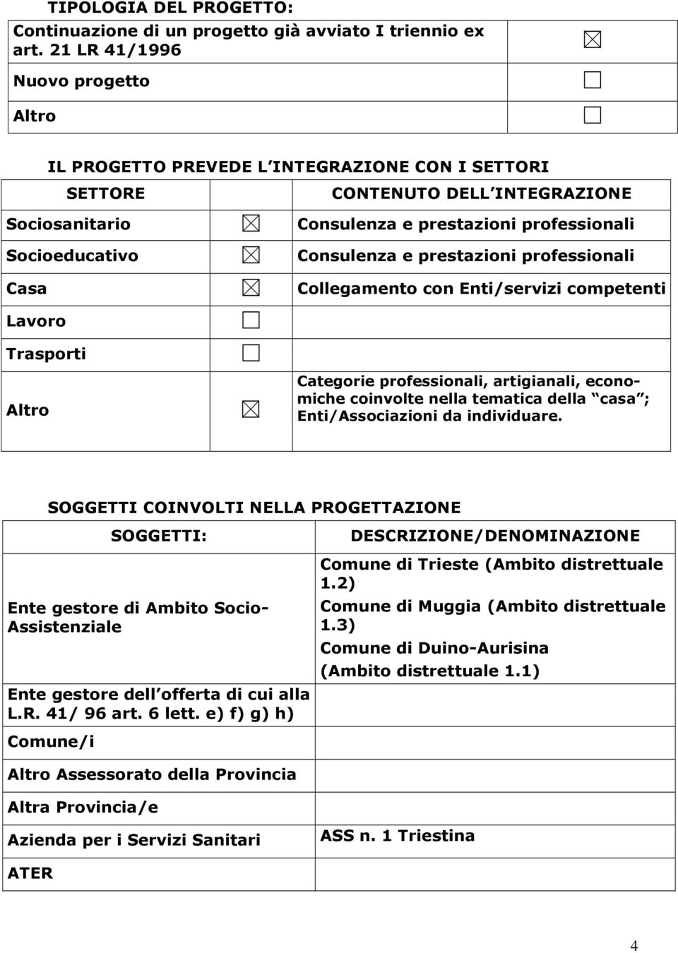 Consulenza e prestazioni professionali Collegamento con Enti/servizi competenti Lavoro Trasporti Altro Categorie professionali, artigianali, economiche coinvolte nella tematica della casa ;