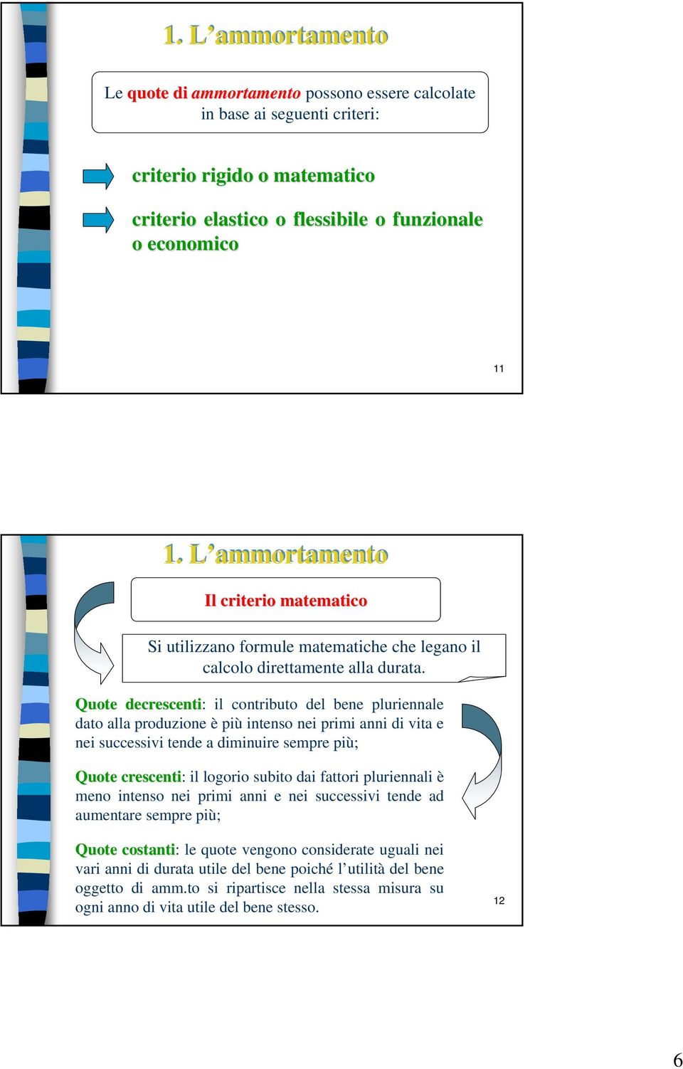 Quote decrescenti: il contributo del bene pluriennale dato alla produzione è più intenso nei primi anni di vita e nei successivi tende a diminuire sempre più; Quote crescenti: il logorio subito dai