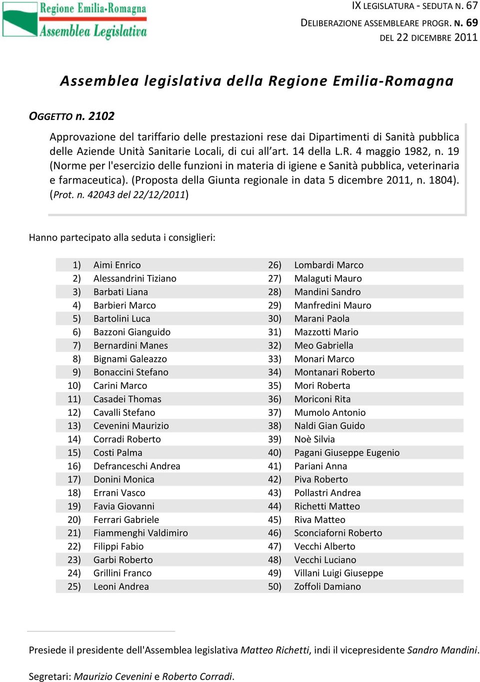 19 (Norme per l'esercizio delle funzioni in materia di igiene e Sanità pubblica, veterinaria e farmaceutica). (Proposta della Giunta regionale in data 5 dicembre 2011, n.