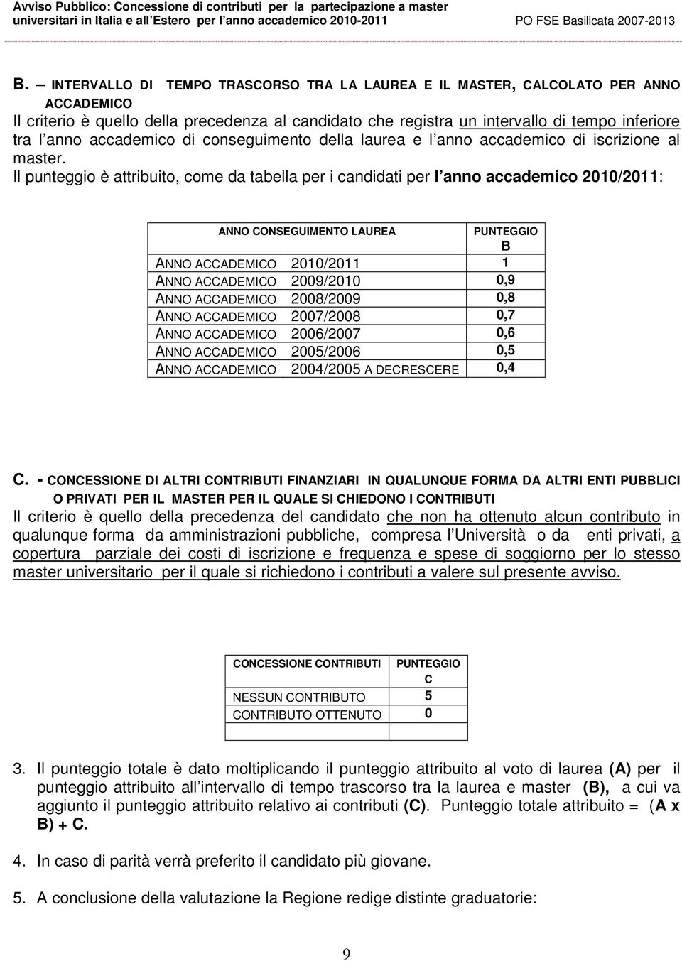 Il punteggio è attribuito, come da tabella per i candidati per l anno accademico 2010/2011: ANNO CONSEGUIMENTO LAUREA PUNTEGGIO B ANNO ACCADEMICO 2010/2011 1 ANNO ACCADEMICO 2009/2010 0,9 ANNO