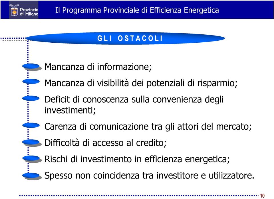 investimenti; Carenza di comunicazione tra gli attori del mercato; Difficoltà di accesso al credito;