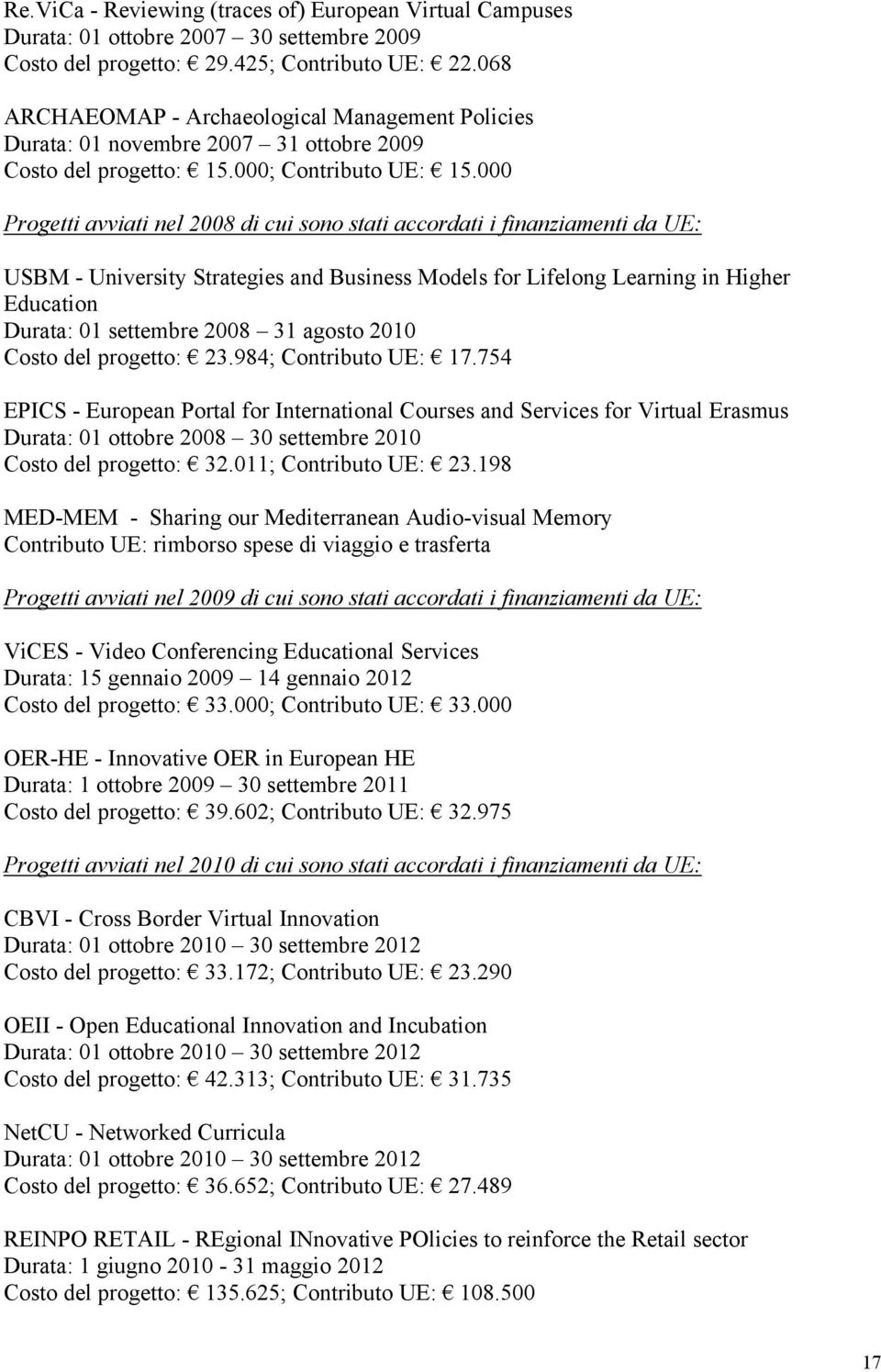 000 Progetti avviati nel 2008 di cui sono stati accordati i finanziamenti da UE: USBM - University Strategies and Business Models for Lifelong Learning in Higher Education Durata: 01 settembre 2008