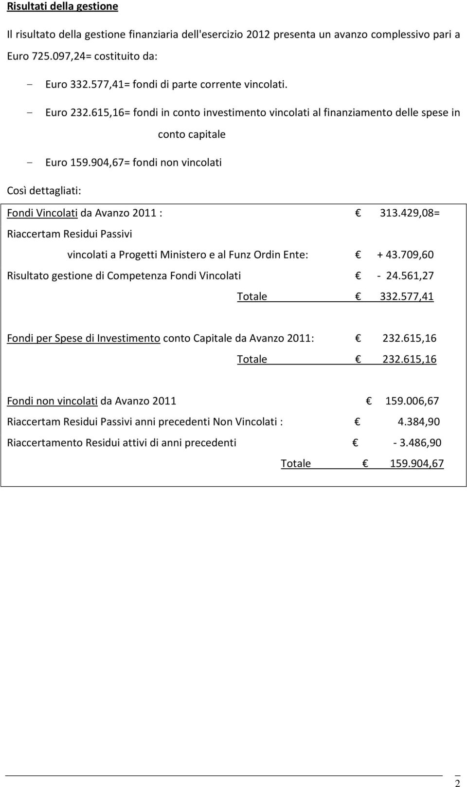 904,67= fondi non vincolati Così dettagliati: Fondi Vincolati da Avanzo 2011 : 313.429,08= Riaccertam Residui Passivi vincolati a Progetti Ministero e al Funz Ordin Ente: + 43.