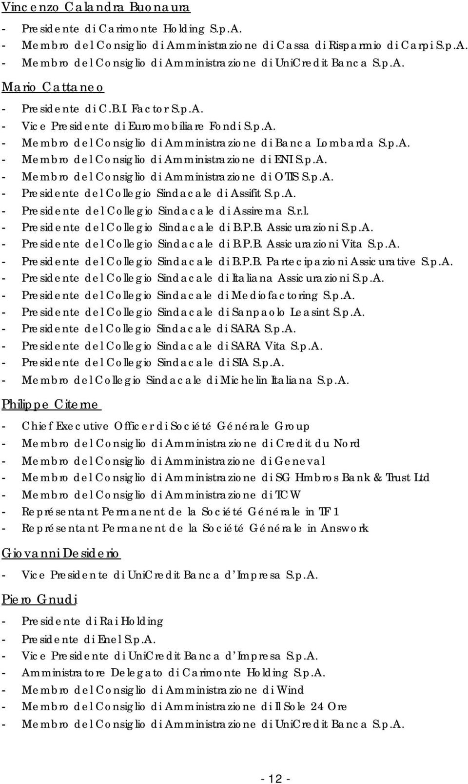 p.A. - Membro del Consiglio di Amministrazione di OTIS S.p.A. - Presidente del Collegio Sindacale di Assifit S.p.A. - Presidente del Collegio Sindacale di Assirema S.r.l. - Presidente del Collegio Sindacale di B.