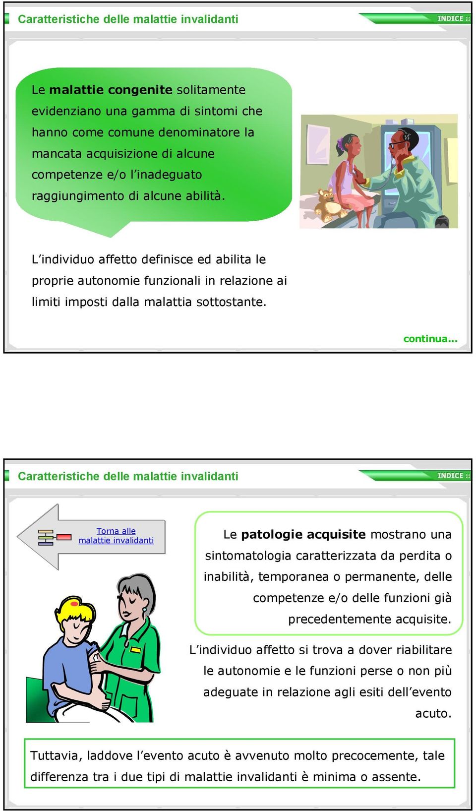 Caratteristiche delle malattie invalidanti Torna alle malattie invalidanti Le patologie acquisite mostrano una sintomatologia caratterizzata da perdita o inabilità, temporanea o permanente, delle