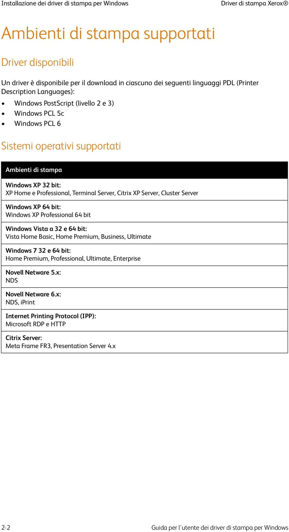 Server, Citrix XP Server, Cluster Server Windows XP 64 bit: Windows XP Professional 64 bit Windows Vista a 32 e 64 bit: Vista Home Basic, Home Premium, Business, Ultimate Windows 7 32 e 64 bit: Home