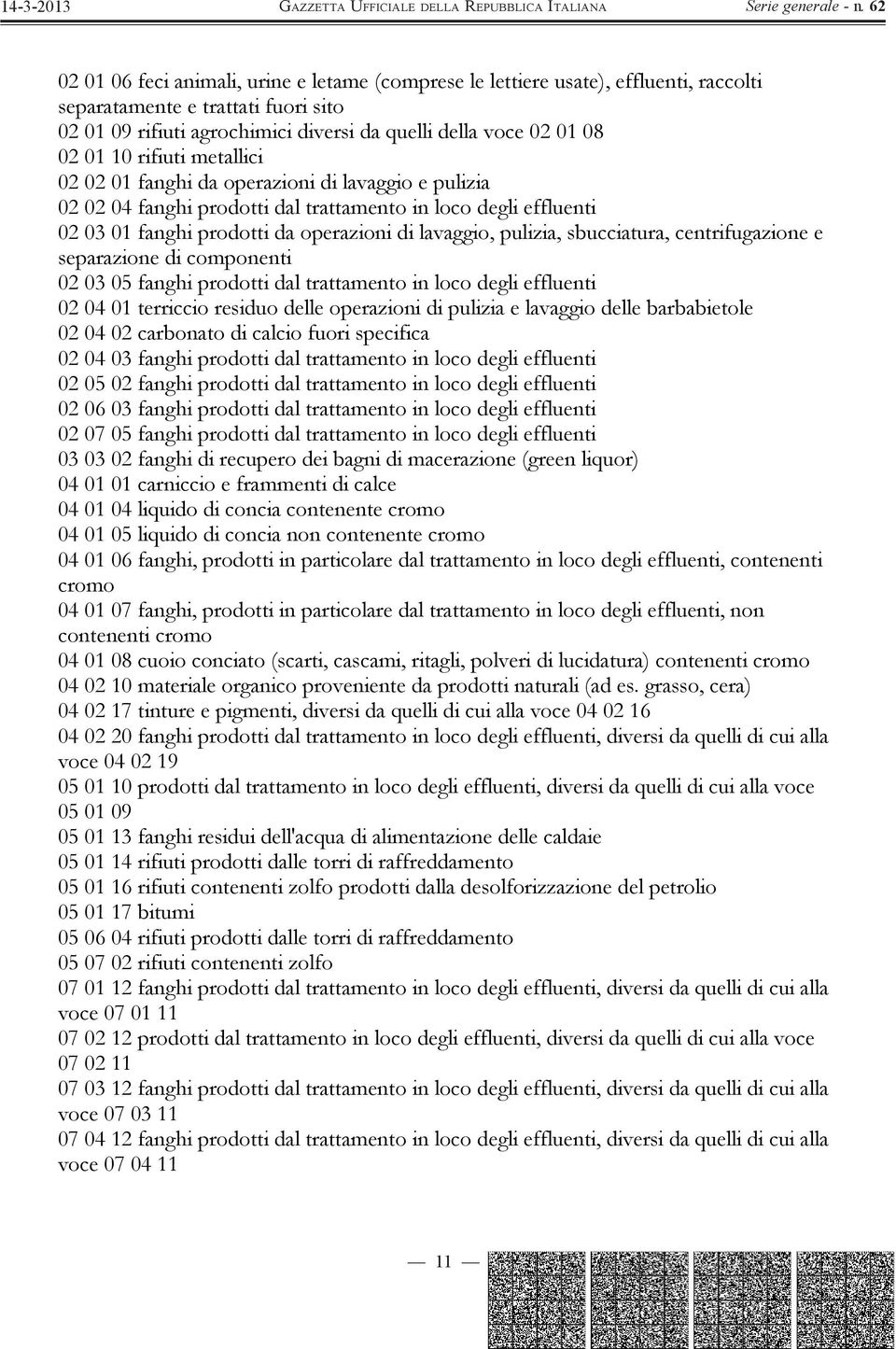 sbucciatura, centrifugazione e separazione di componenti 02 03 05 fanghi prodotti dal trattamento in loco degli effluenti 02 04 01 terriccio residuo delle operazioni di pulizia e lavaggio delle