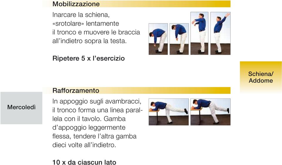 Ripetere 5 x l esercizio Rafforzamento In appoggio sugli avambracci, il tronco forma una