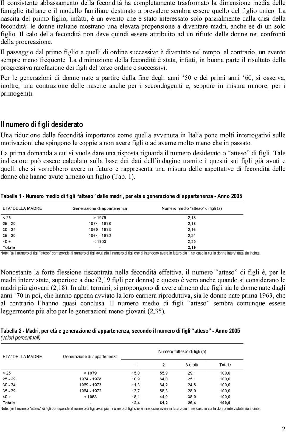 di un solo figlio. Il calo della fecondità non deve quindi essere attribuito ad un rifiuto delle donne nei confronti della procreazione.