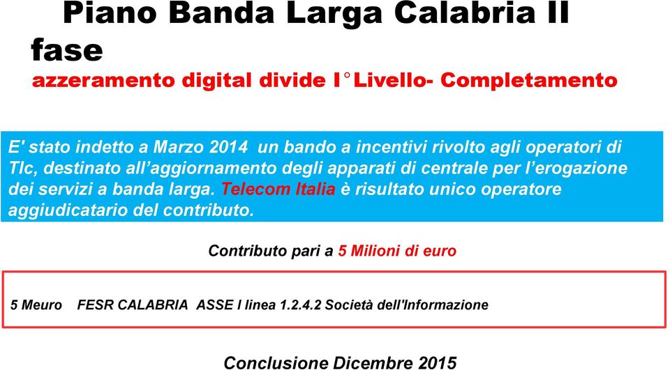 erogazione dei servizi a banda larga. Telecom Italia è risultato unico operatore aggiudicatario del contributo.