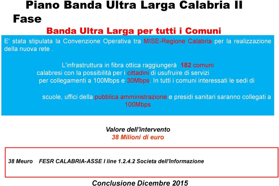 L'infrastruttura in fibra ottica raggiungerà 182 comuni calabresi con la possibilità per i cittadini di usufruire di servizi per collegamenti a 100Mbps e