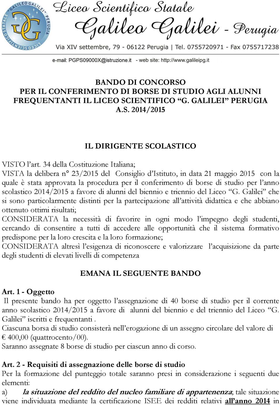 anno scolastico 2014/2015 a favore di alunni del biennio e triennio del Liceo G.