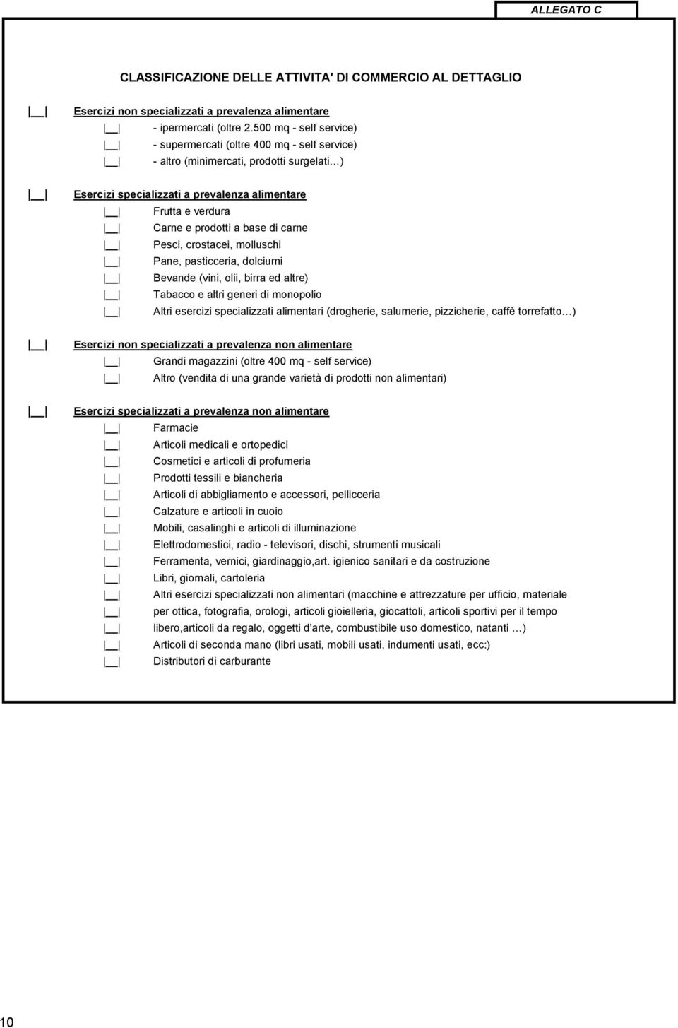 di carne Pesci, crostacei, molluschi Pane, pasticceria, dolciumi Bevande (vini, olii, birra ed altre) Tabacco e altri generi di monopolio Altri esercizi specializzati alimentari (drogherie,