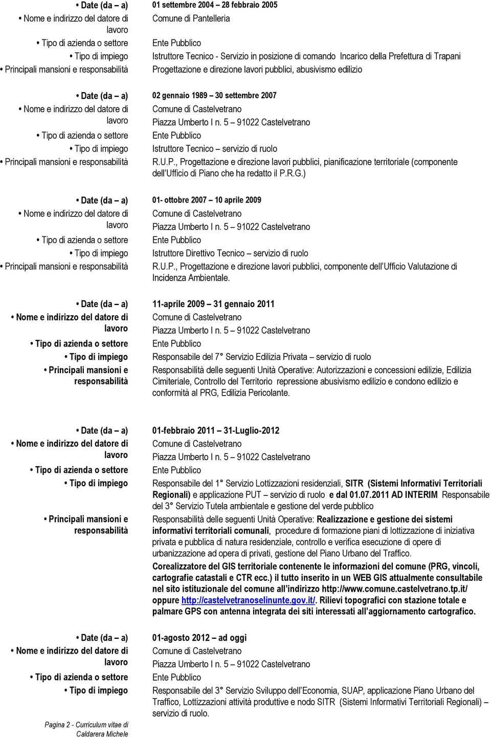 responsabilità R.U.P., Progettazione e direzione lavori pubblici, pianificazione territoriale (componente dell Ufficio di Piano che ha redatto il P.R.G.