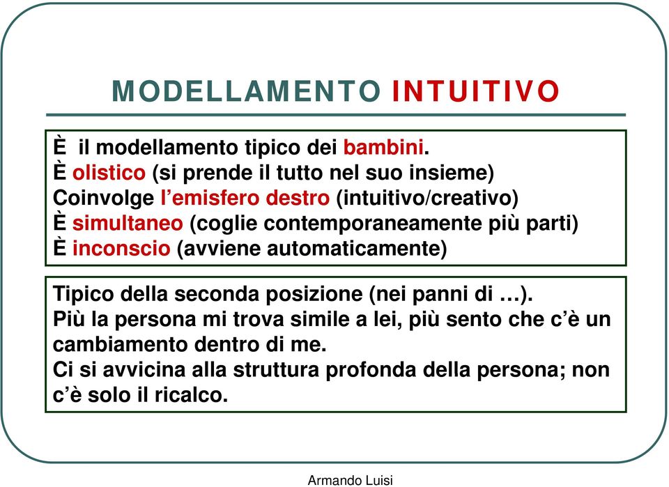 (coglie contemporaneamente più parti) È inconscio (avviene automaticamente) Tipico della seconda posizione (nei