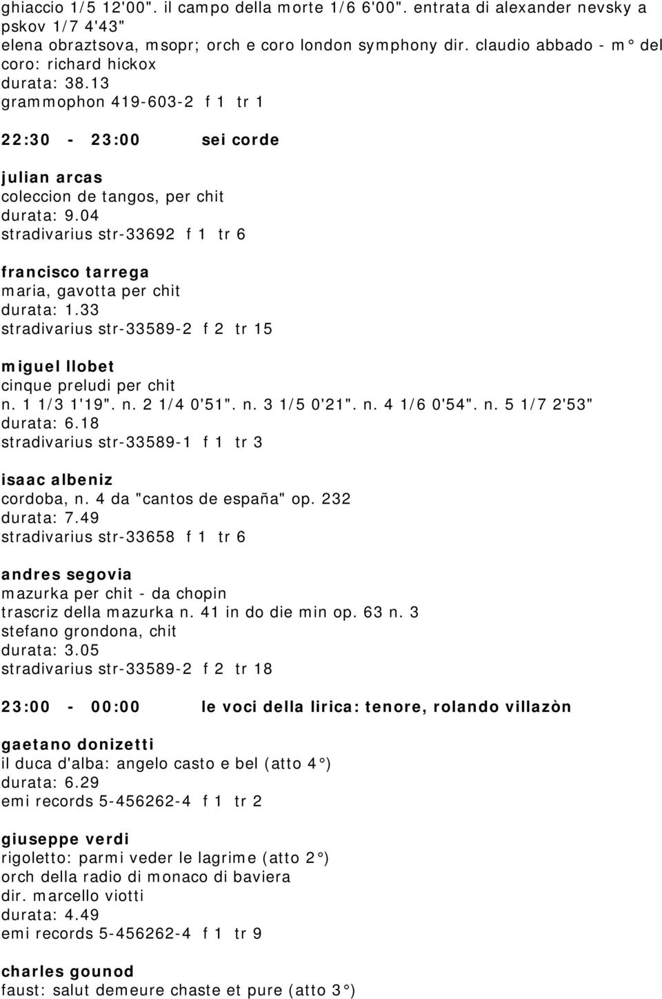 04 stradivarius str-33692 f 1 tr 6 francisco tarrega maria, gavotta per chit durata: 1.33 stradivarius str-33589-2 f 2 tr 15 miguel llobet cinque preludi per chit n. 1 1/3 1'19". n. 2 1/4 0'51". n. 3 1/5 0'21".