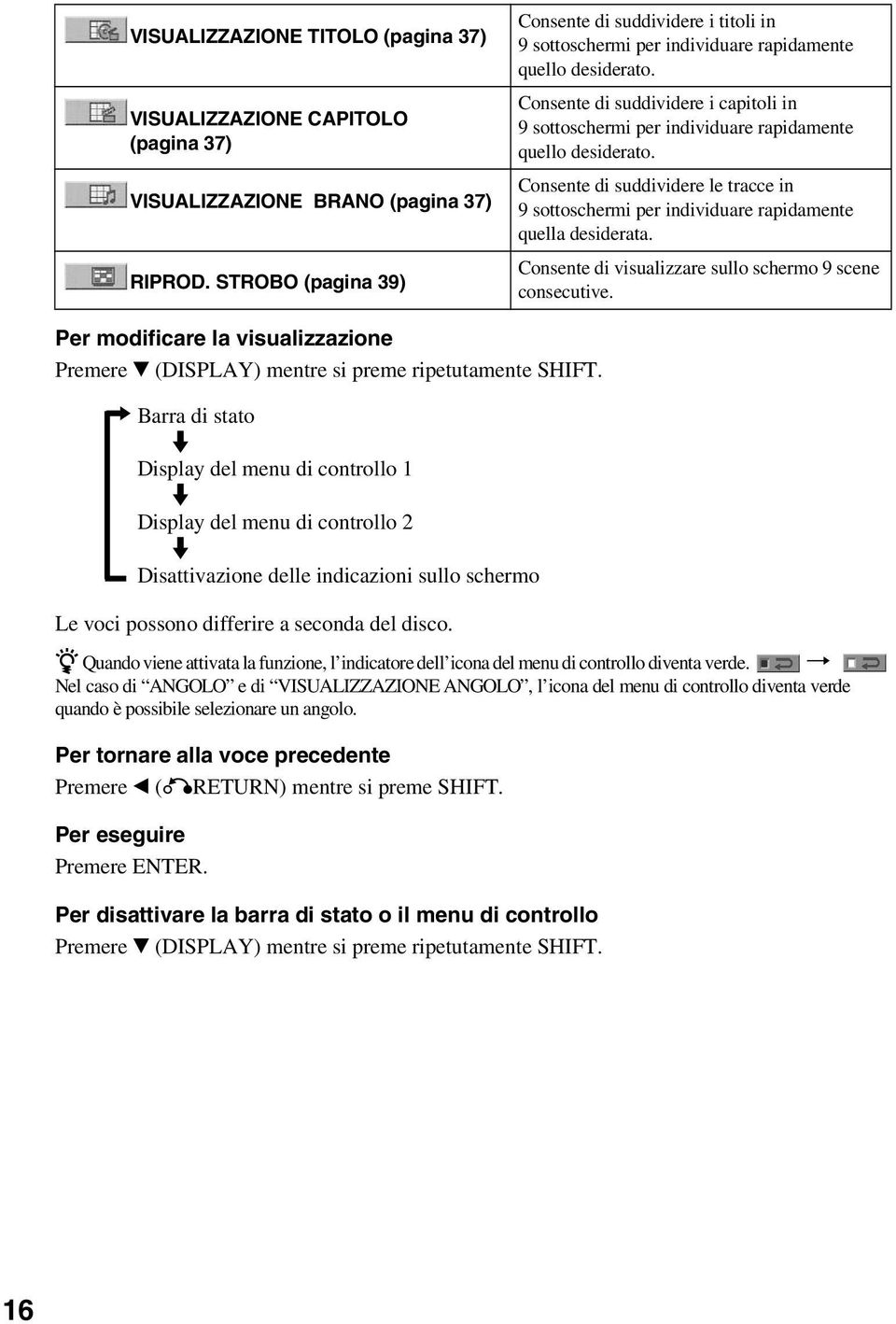 Consente di suddividere i capitoli in 9 sottoschermi per individuare rapidamente quello desiderato. Consente di suddividere le tracce in 9 sottoschermi per individuare rapidamente quella desiderata.