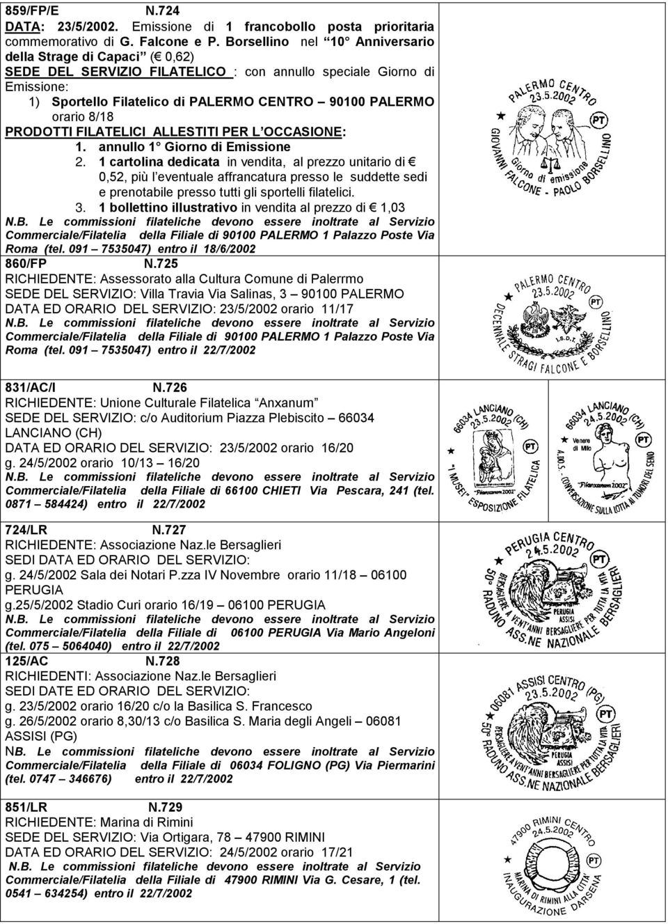 8/18 PRODOTTI FILATELICI ALLESTITI PER L OCCASIONE: 1. annullo 1 Giorno di Emissione 2.