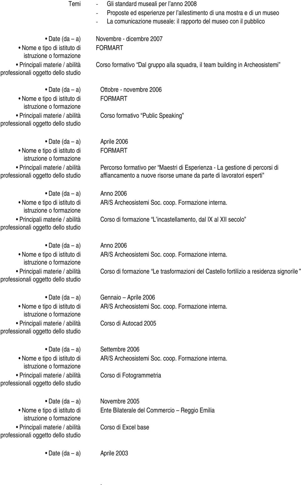 FORMART Corso formativo Public Speaking Date (da a) Aprile 2006 Nome e tipo di istituto di FORMART Percorso formativo per Maestri di Esperienza - La gestione di percorsi di affiancamento a nuove