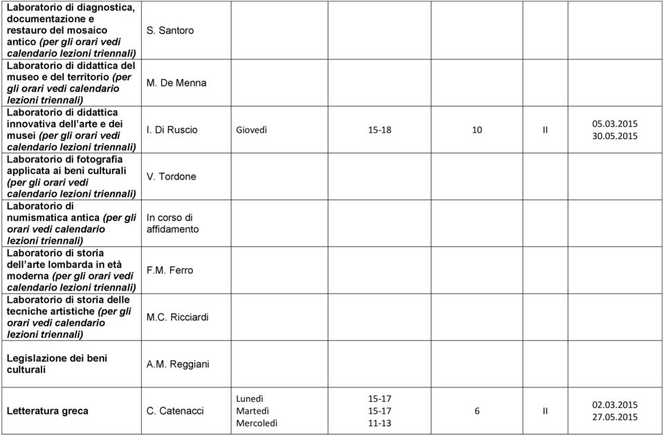 antica (per gli Laboratorio di storia dell arte lombarda in età moderna (per gli orari vedi calendario Laboratorio di storia delle tecniche artistiche (per gli Legislazione dei beni