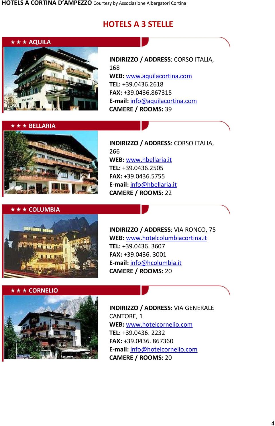 it CAMERE / ROOMS: 22 INDIRIZZO / ADDRESS: VIA RONCO, 75 WEB: www.hotelcolumbiacortina.it TEL: +39.0436. 3607 FAX: +39.0436. 3001 E-mail: info@hcolumbia.