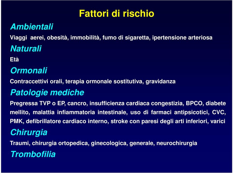 congestizia, BPCO, diabete mellito, malattia infiammatoria intestinale, uso di farmaci antipsicotici, CVC, PMK, defibrillatore cardiaco