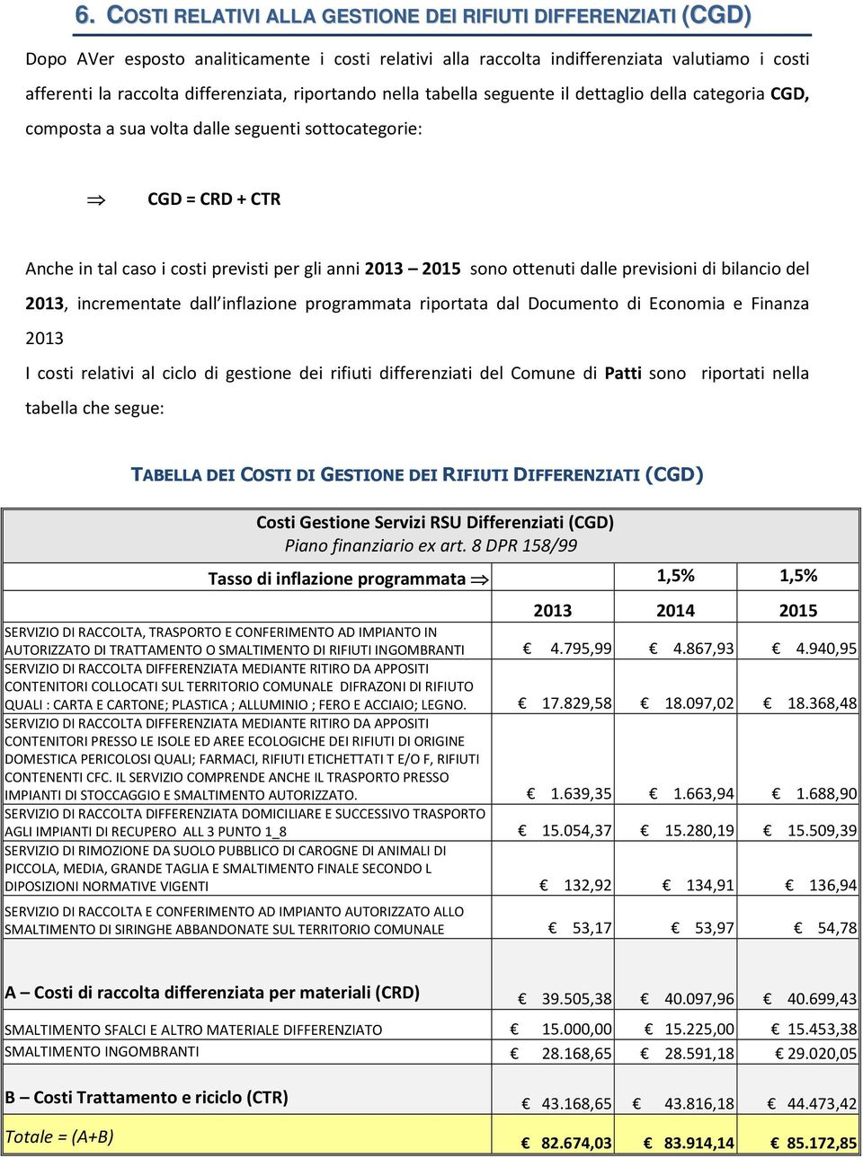 ottenuti dalle previsioni di bilancio del 2013, incrementate dall inflazione programmata riportata dal Documento di Economia e Finanza 2013 I costi relativi al ciclo di gestione dei rifiuti