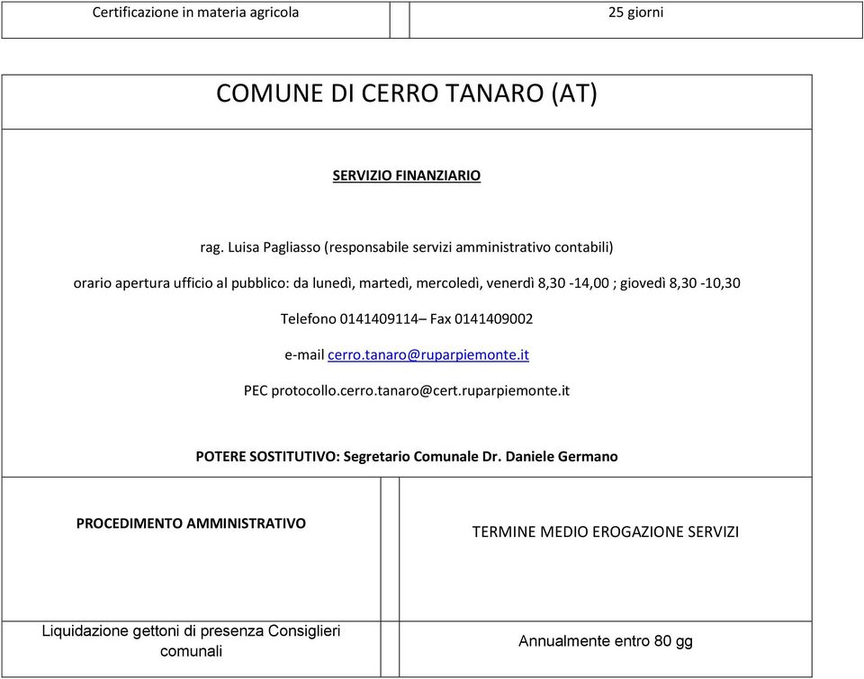 8,30-14,00 ; giovedì 8,30-10,30 Telefono 0141409114 Fax 0141409002 e-mail cerro.tanaro@ruparpiemonte.it PEC protocollo.cerro.tanaro@cert.