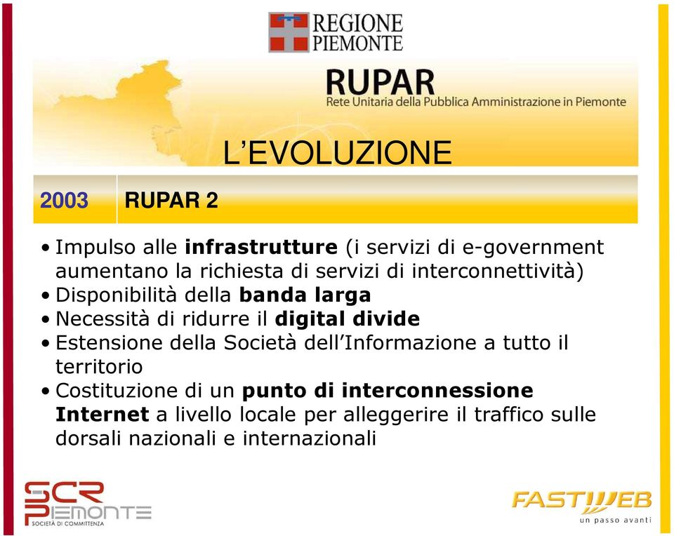 digital divide Estensione della Società dell Informazione a tutto il territorio Costituzione di un