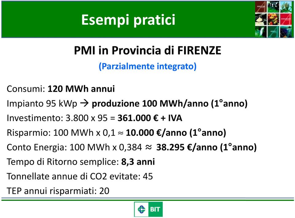 000 + IVA Risparmio: 100 MWh x 0,1 10.000 /anno (1 anno) Conto Energia: 100 MWh x 0,384 38.