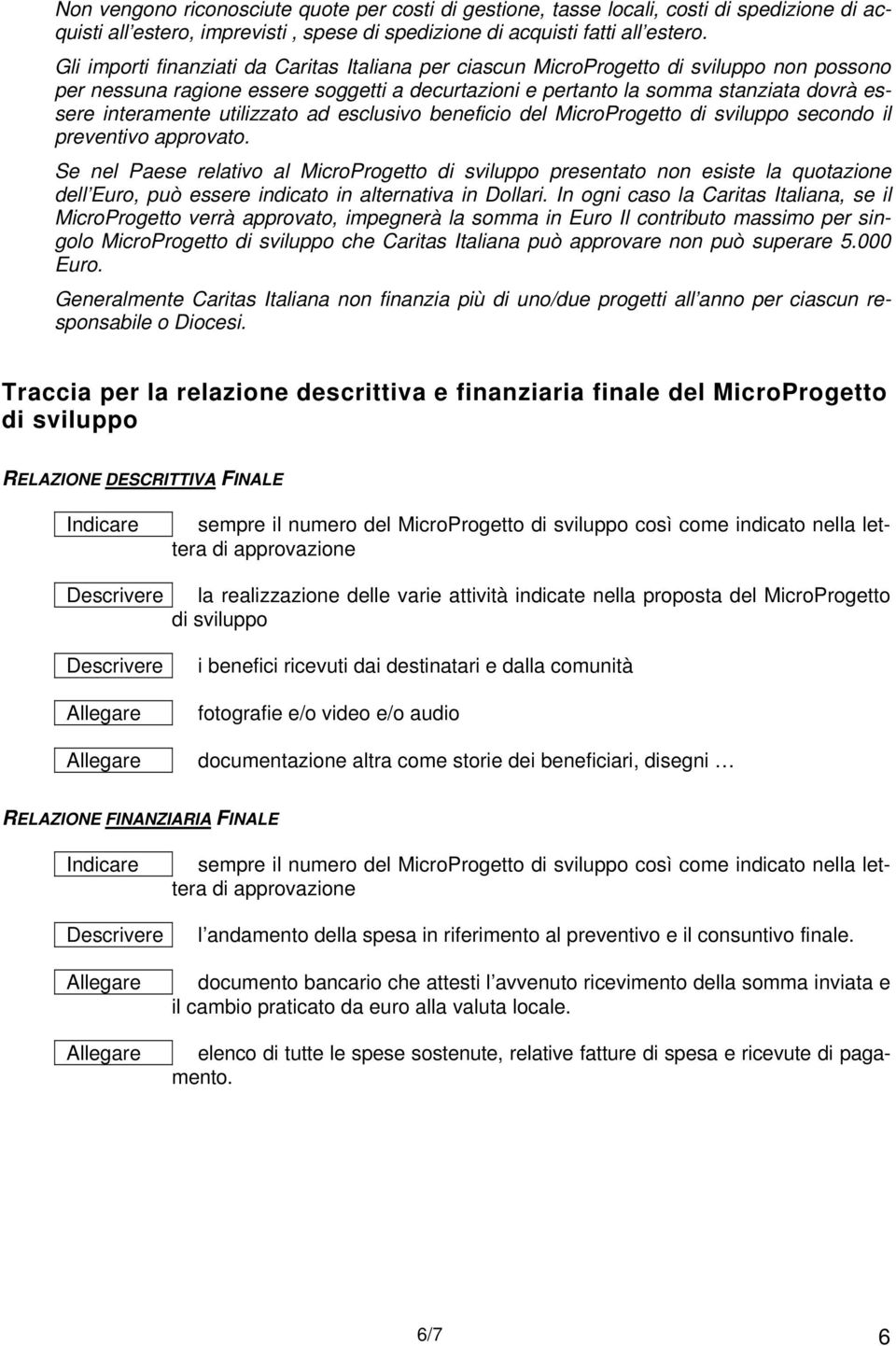 utilizzato ad esclusivo beneficio del MicroProgetto di sviluppo secondo il preventivo approvato.