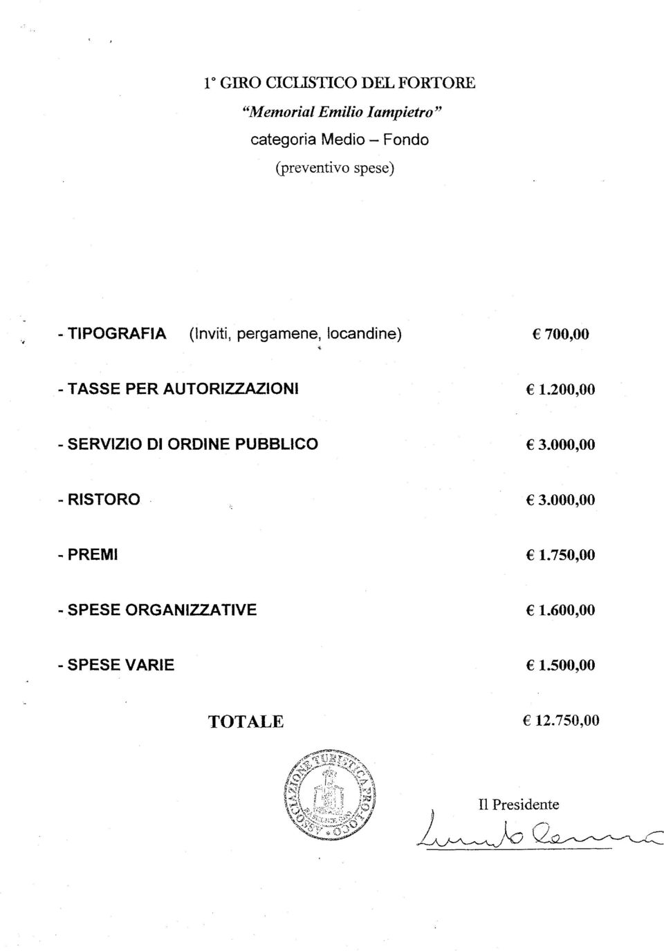 AUTORIZZAZIONI 1.200,00 - SERVIZIO DI ORDINE PUBBLICO 3.000,00 - RISTORO 3.000,00 - PREMI 1.