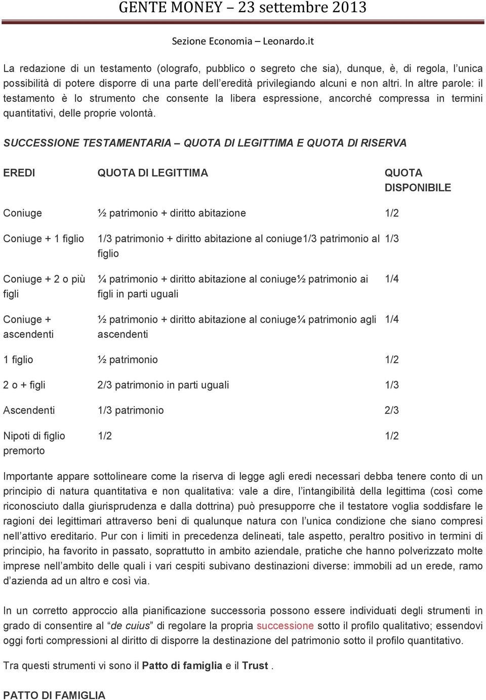 SUCCESSIONE TESTAMENTARIA QUOTA DI LEGITTIMA E QUOTA DI RISERVA EREDI QUOTA DI LEGITTIMA QUOTA DISPONIBILE Coniuge ½ patrimonio + diritto abitazione 1/2 Coniuge + 1 figlio Coniuge + 2 o più figli