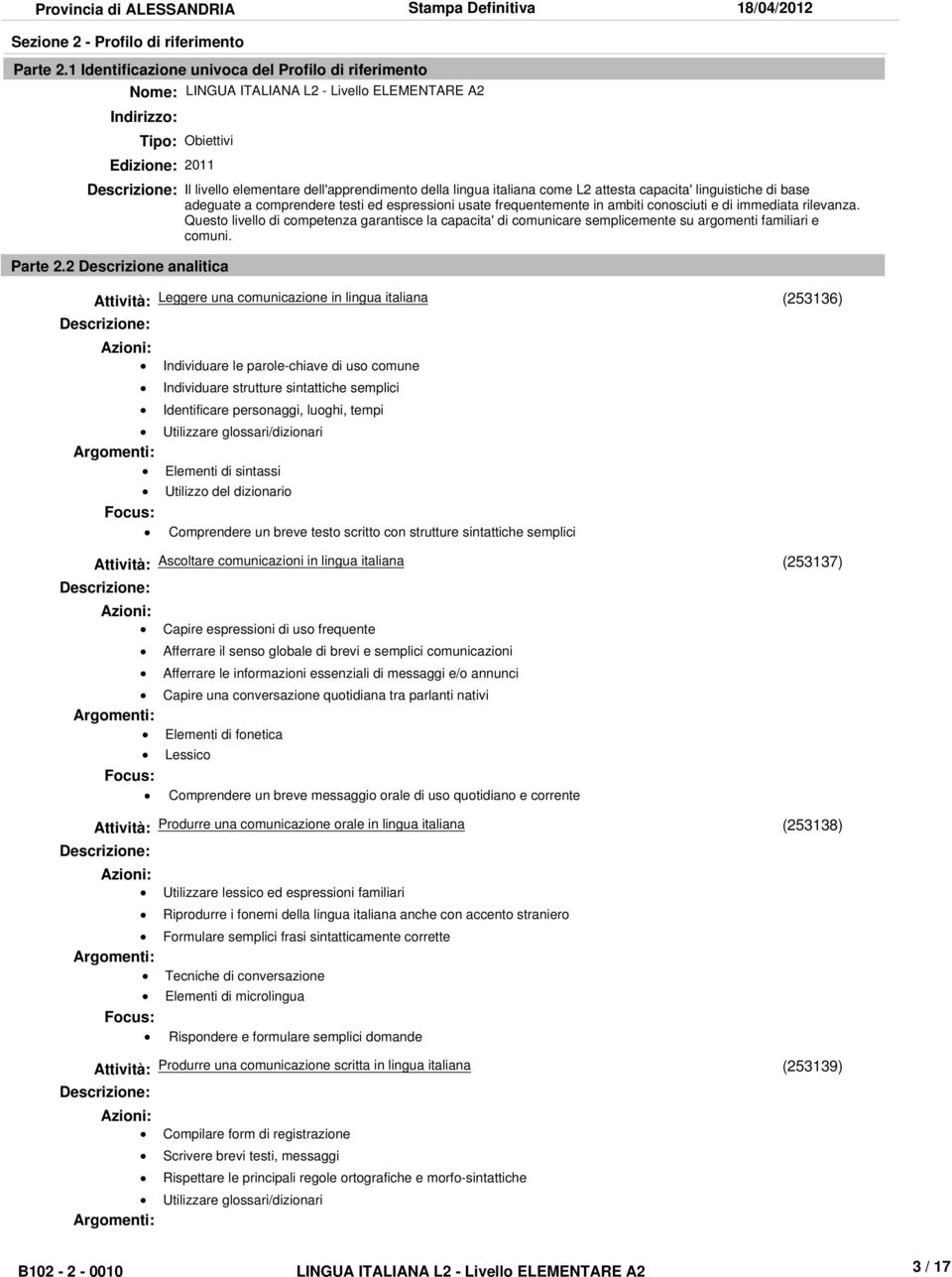 italiana come L2 attesta capacita' linguistiche di base adeguate a comprendere testi ed espressioni usate frequentemente in ambiti conosciuti e di immediata rilevanza.