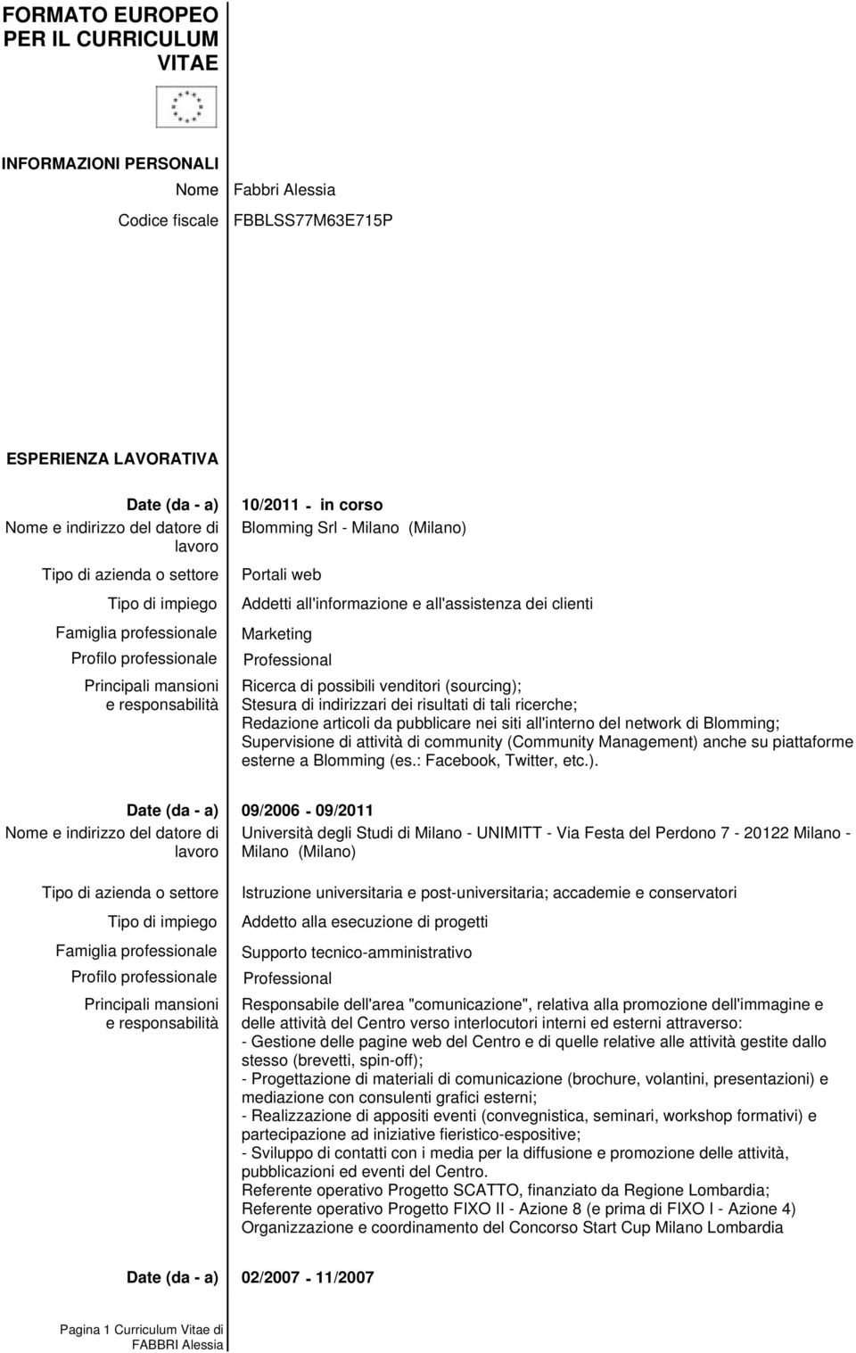 nei siti all'interno del network di Blomming; Supervisione di attività di community (Community Management) 