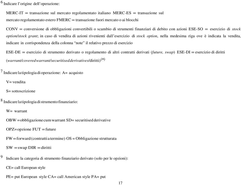 esercizio di stock option, nella medesima riga ove è indicata la vendita, indicare in corrispondenza della colonna note il relativo prezzo di esercizio ESE-DE = esercizio di strumento derivato o