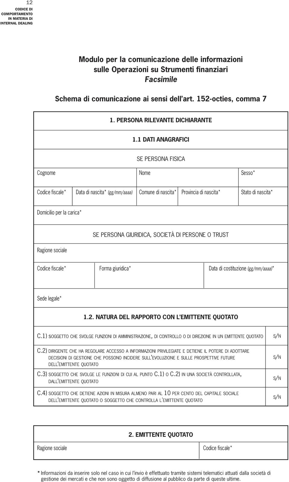 GIURIDICA, SOCIETÀ DI PERSONE O TRUST Ragione sociale Codice fiscale* Forma giuridica* Data di costituzione (gg/mm/aaaa)* Sede legale* 1.2. NATURA DEL RAPPORTO CON L EMITTENTE QUOTATO C.