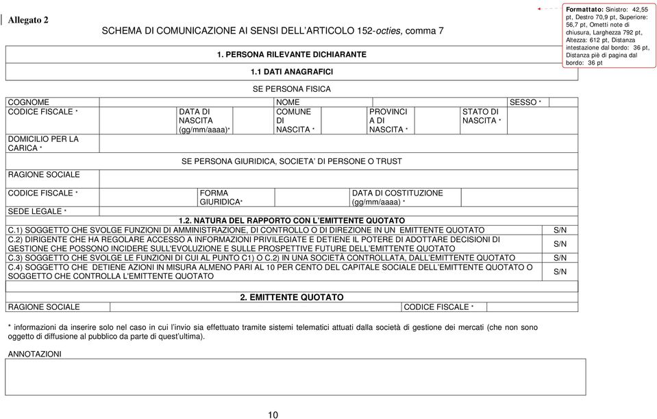 pt, Distanza piè di pagina dal bordo: 36 pt COGNOME NOME SESSO * CODICE FISCALE * DATA DI NASCITA STATO DI NASCITA * DOMICILIO PER LA CARICA * RAGIONE SOCIALE (gg/mm/aaaa)* COMUNE DI NASCITA *