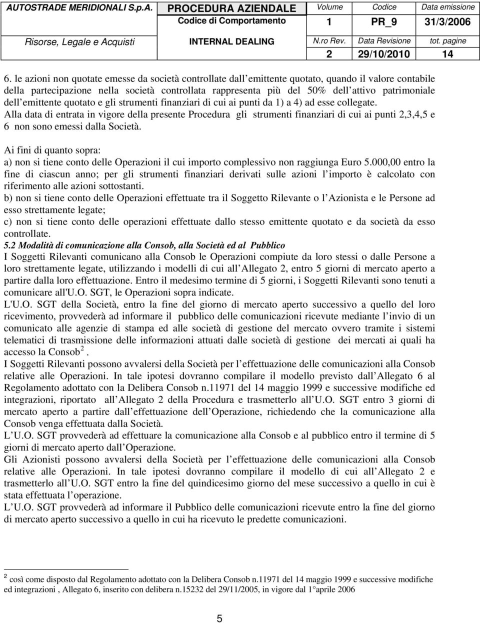 Alla data di entrata in vigore della presente Procedura gli strumenti finanziari di cui ai punti 2,3,4,5 e 6 non sono emessi dalla Società.