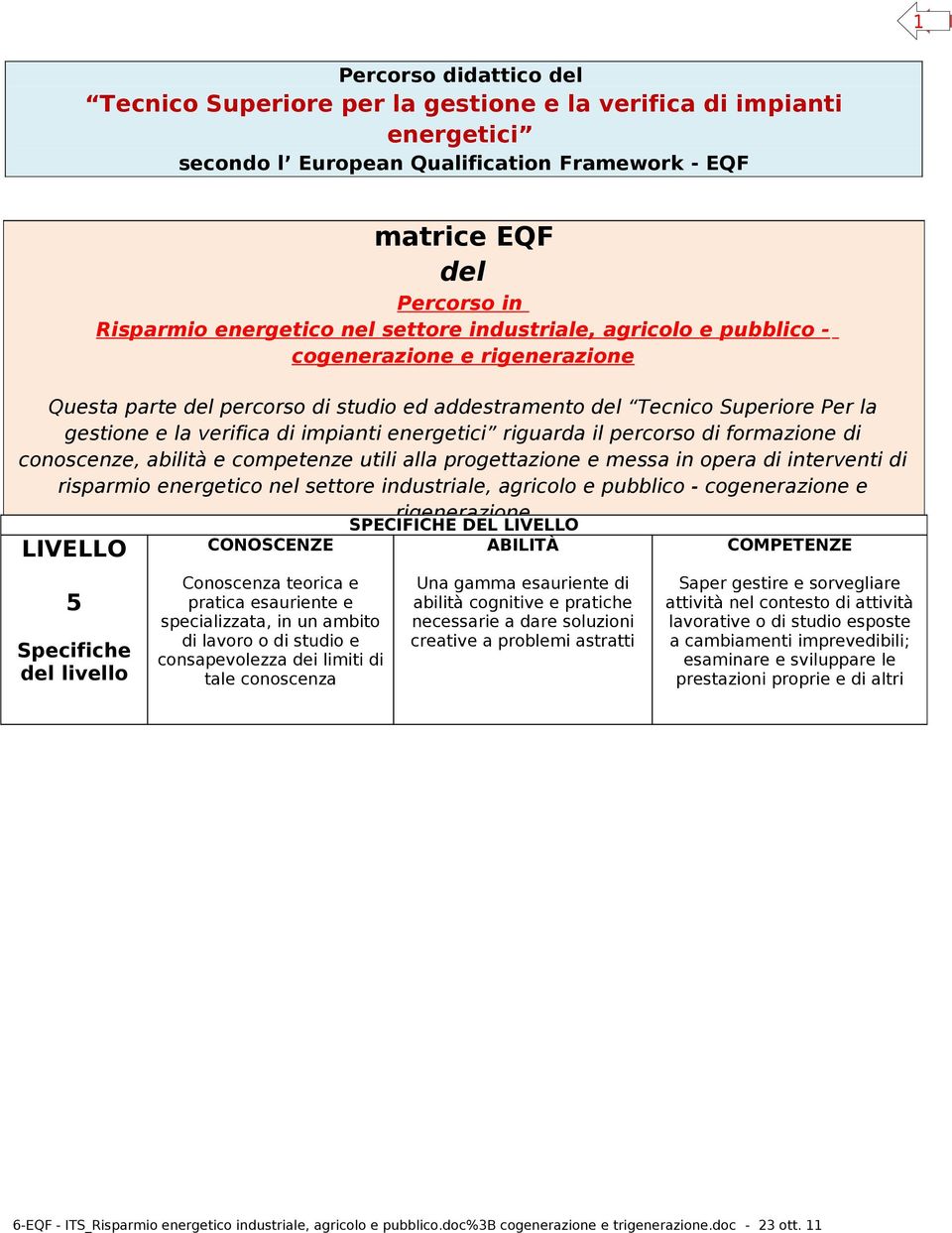 energetici riguarda il percorso di formazione di conoscenze, abilità e competenze utili alla progettazione e messa in opera di interventi di risparmio energetico nel settore industriale, agricolo e